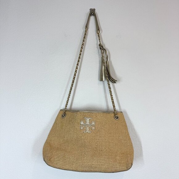 Tory Burch Woven Shoulder Bag Purse Tote Gold Accents Tassels Natural - Picture 2 of 14